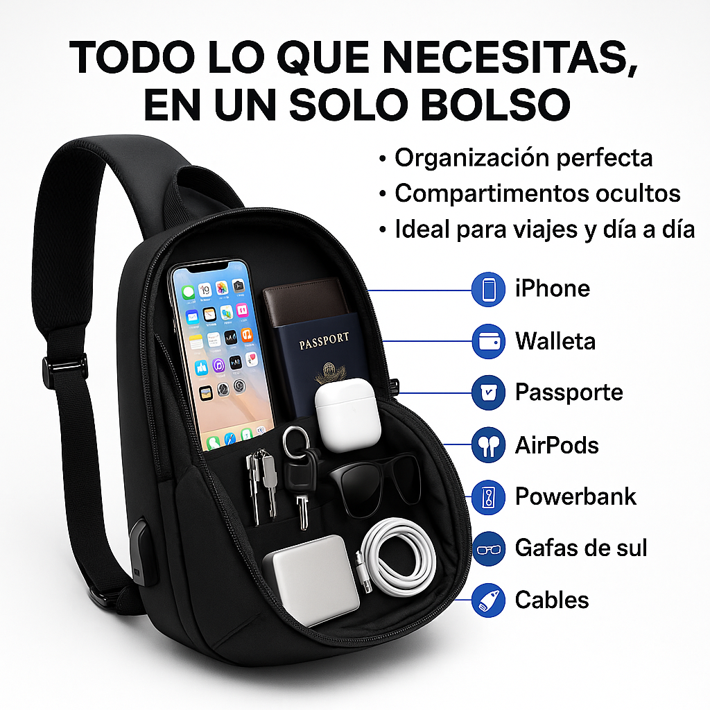 Bolso cruzado antirrobo negro - 70% SOLO HOY ¡APROVECHA AHORA!